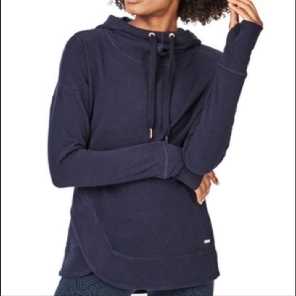 EUC! Sweaty Betty Escape Hoodie Navy Blue Rose Gold Toned Hardware Size Small